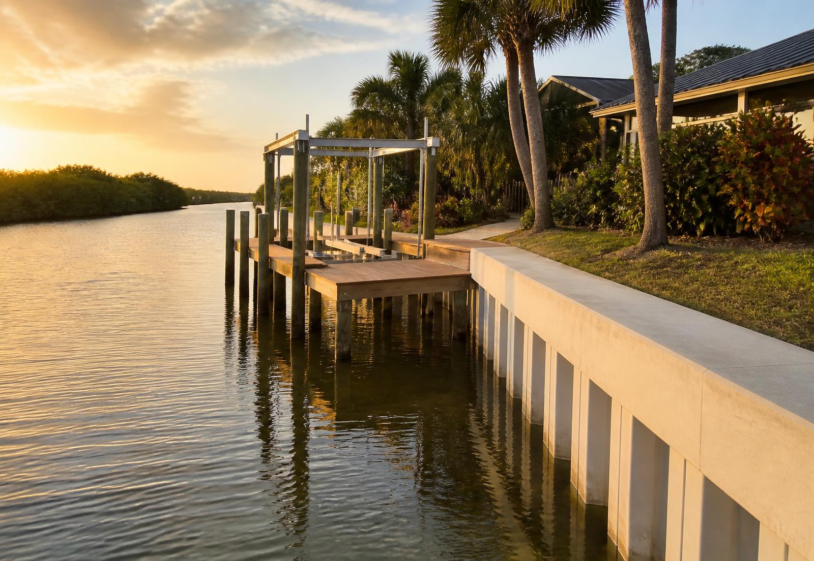 Concrete seawall and private dock on a Tampa Bay residential canal at sunrise